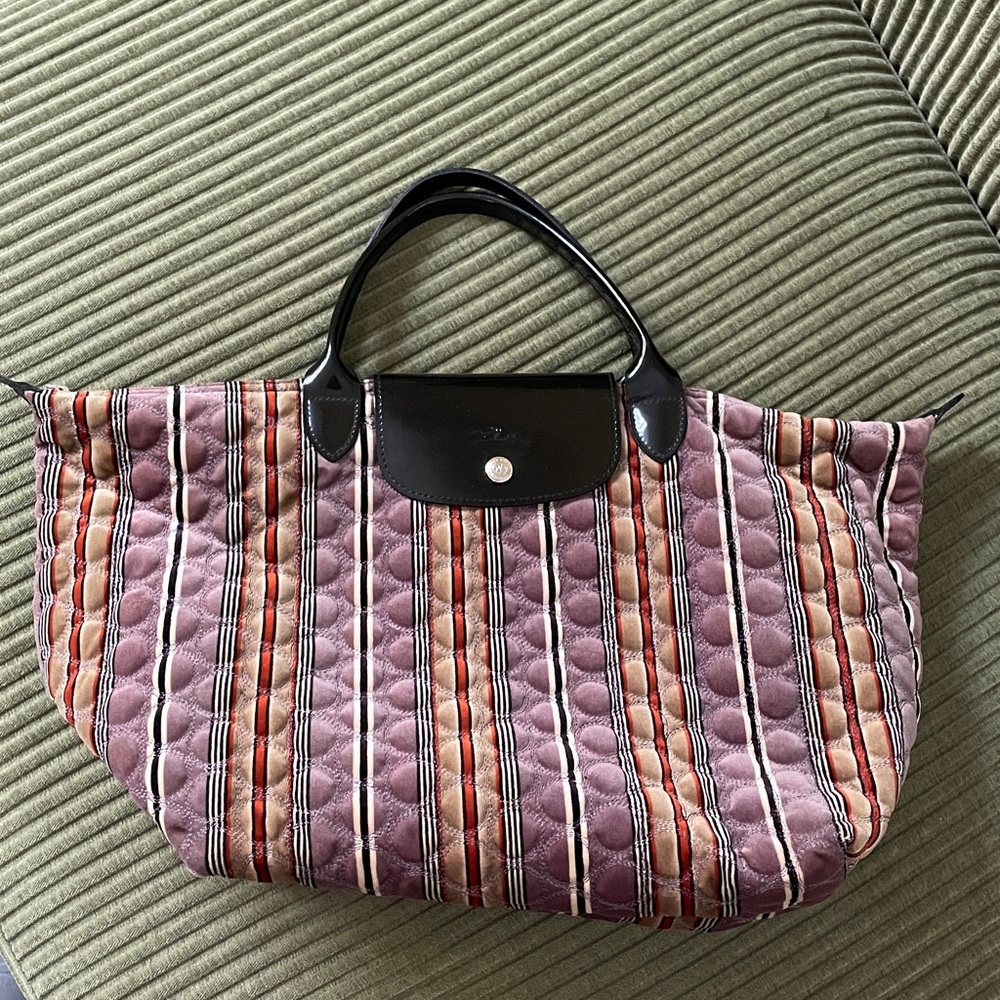 Longchamp Quilted Stripe Tote in Mauve, Beige, Black